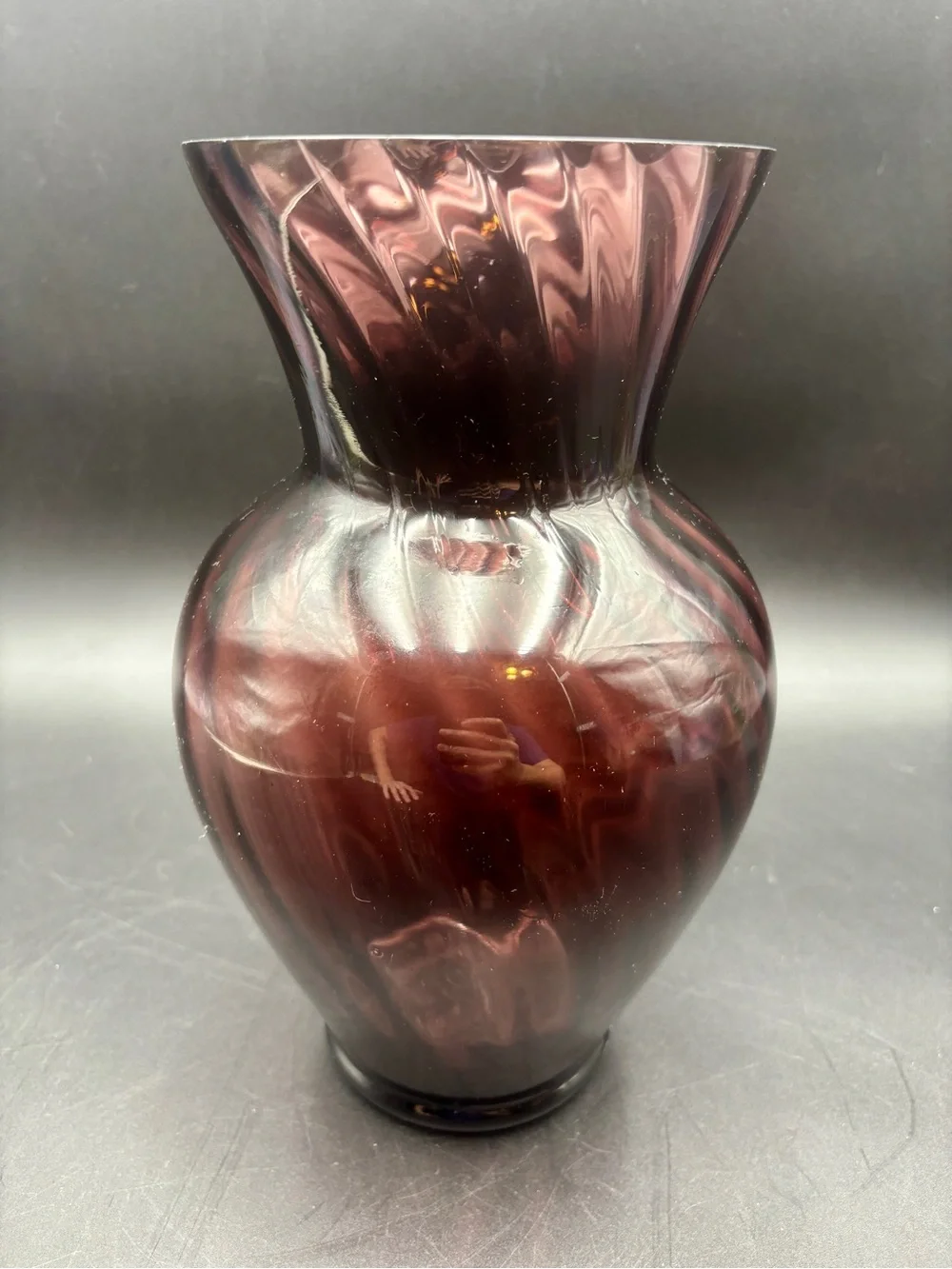 Vintage Amethyst Deep Plum Glass Vase - Mid-Century Optic Swirl Flared Rim 12